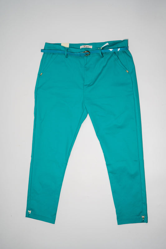 Pantaloni eleganți "Teal Nova" cu curea asortată și aplicații aurii